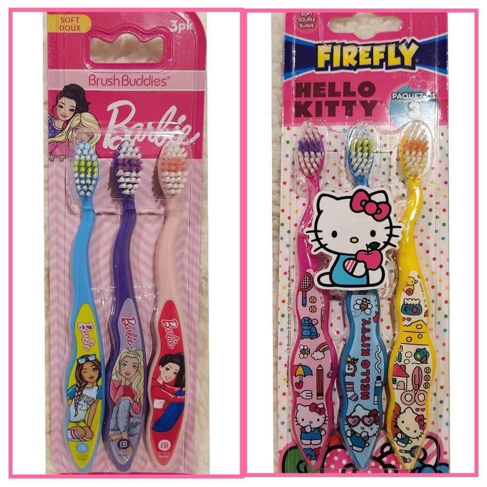 NEW Barbie and Hello Kitty kids toothbrushes, 6 total